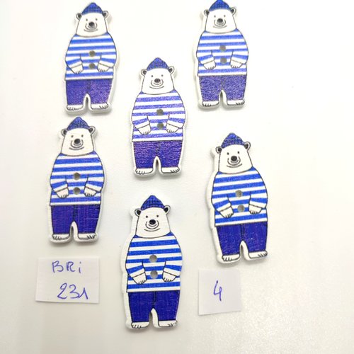 6 boutons fantaisie en bois - un ours bleu et blanc - 16x35mm - bri231