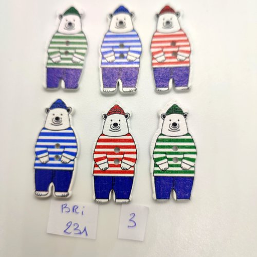 6 boutons fantaisie en bois - un ours multicolore - 16x35mm - bri231