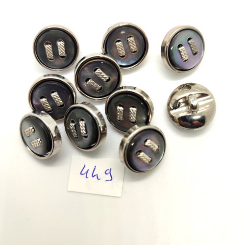 10 boutons en résine argenté et nacre gris - 15mm - 449