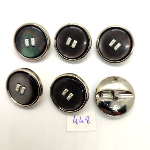 6 boutons en résine argenté et nacre gris / marron - 23mm - 448