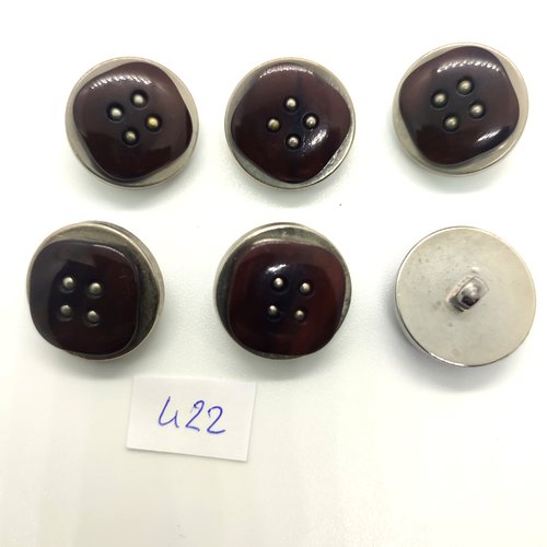 6 boutons en résine marron et argenté - 22mm - 422