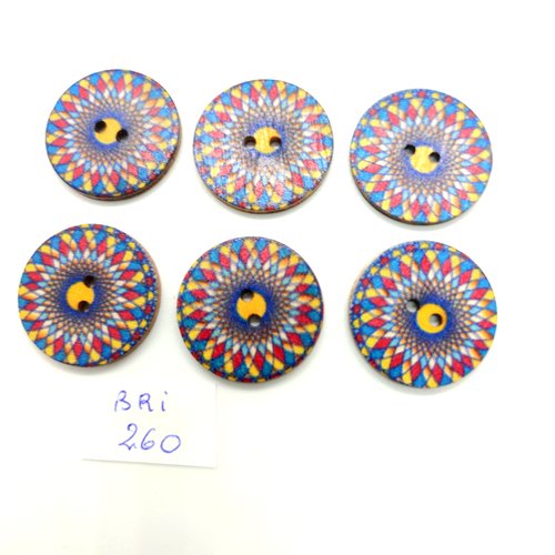 6 boutons fantaisie en bois - multicolore - 25mm - bri260
