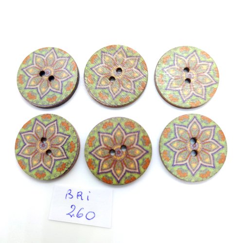 6 boutons fantaisie en bois - multicolore - 25mm - bri260