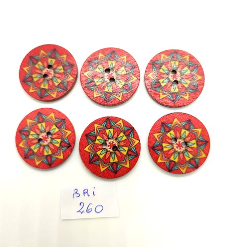 6 boutons fantaisie en bois - multicolore - 25mm - bri260