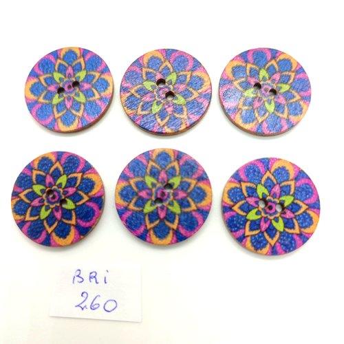 6 boutons fantaisie en bois - multicolore - 25mm - bri260