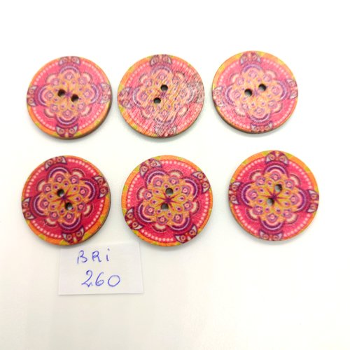 6 boutons fantaisie en bois - multicolore - 25mm - bri260