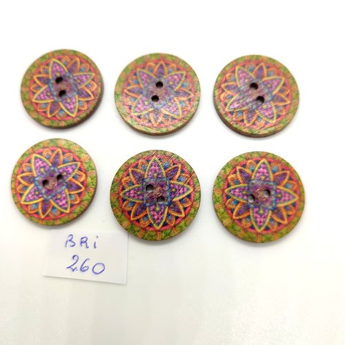 6 boutons fantaisie en bois - multicolore - 25mm - bri260
