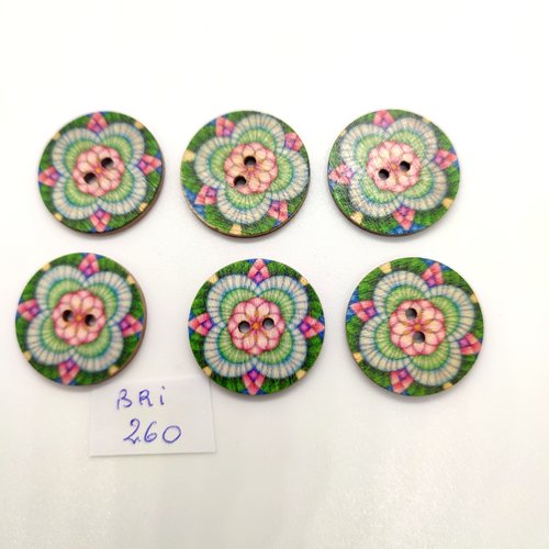 6 boutons fantaisie en bois - multicolore - 25mm - bri260