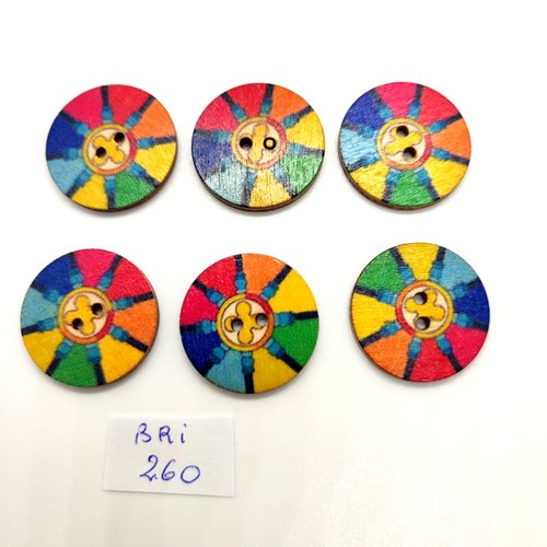 6 boutons fantaisie en bois - multicolore - 25mm - bri260