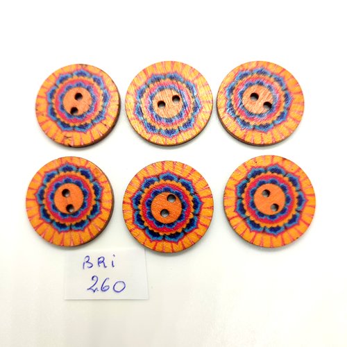 6 boutons fantaisie en bois - multicolore - 25mm - bri260