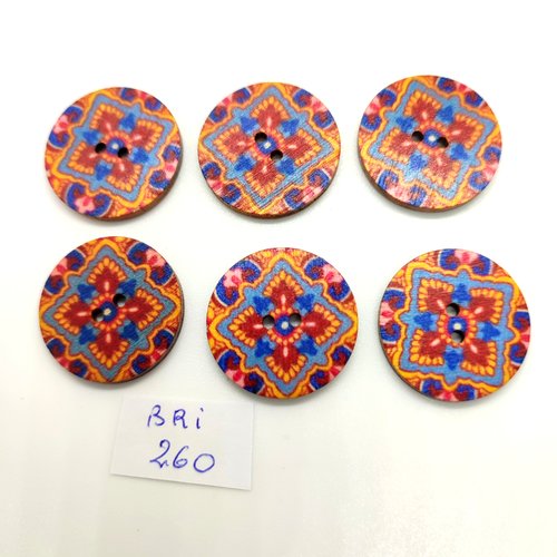6 boutons fantaisie en bois - multicolore - 25mm - bri260