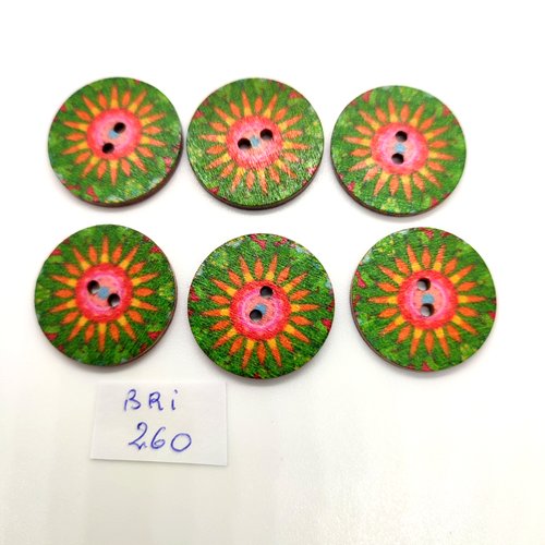 6 boutons fantaisie en bois - multicolore - 25mm - bri260
