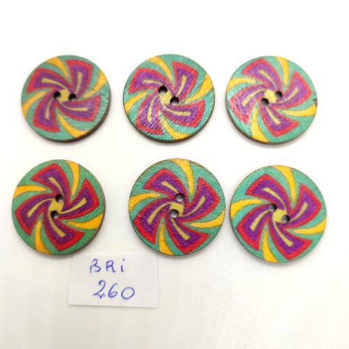6 boutons fantaisie en bois - multicolore - 25mm - bri260
