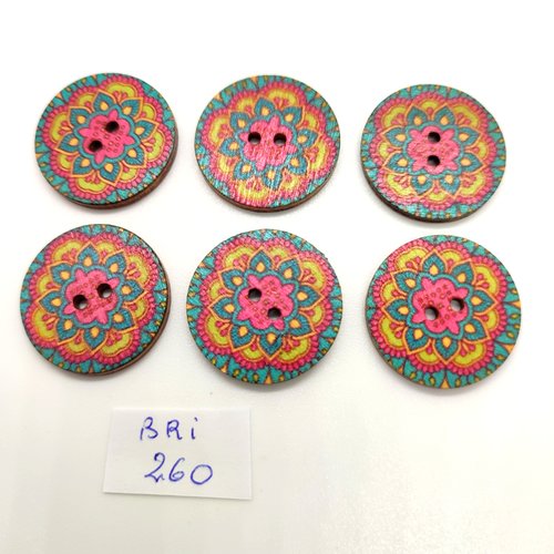 6 boutons fantaisie en bois - multicolore - 25mm - bri260