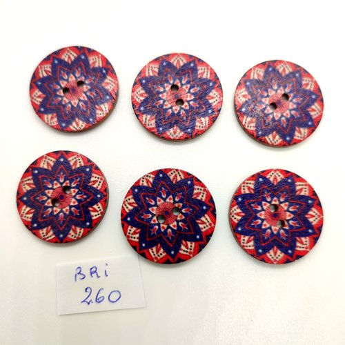 6 boutons fantaisie en bois - multicolore - 25mm - bri260