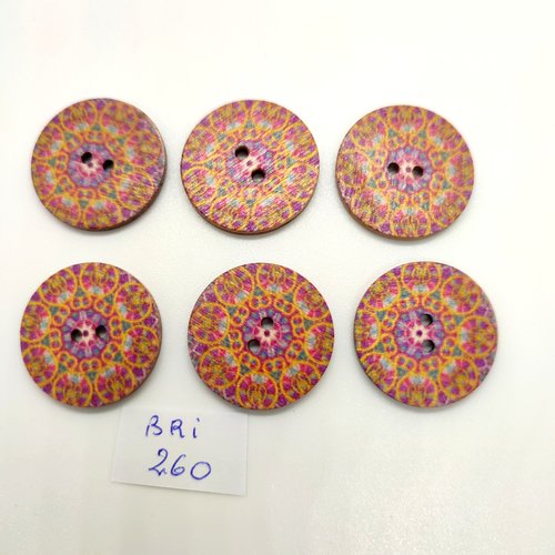 6 boutons fantaisie en bois - multicolore - 25mm - bri260