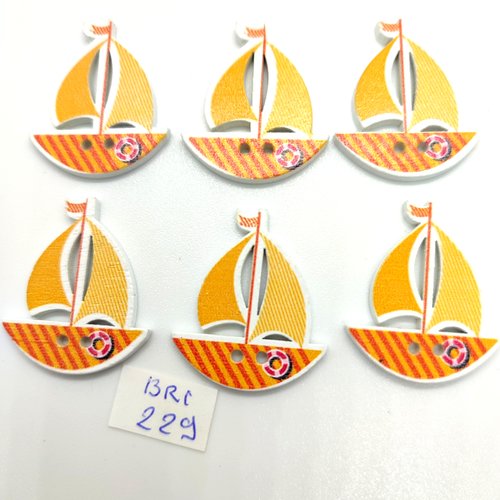 6 boutons fantaisie en bois - un bateau orange / jaune - 26x30mm - bri229