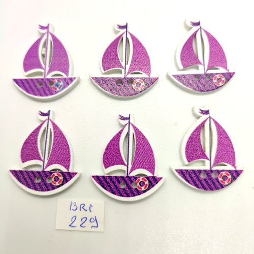 6 boutons fantaisie en bois - un bateau violet lilas - 26x30mm - bri229