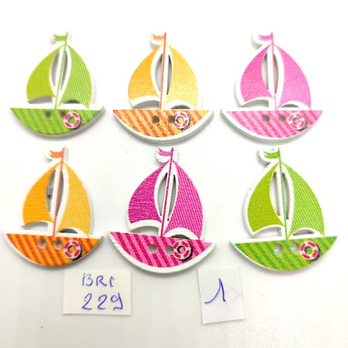 6 boutons fantaisie en bois - un bateau multicolore - 26x30mm - bri229