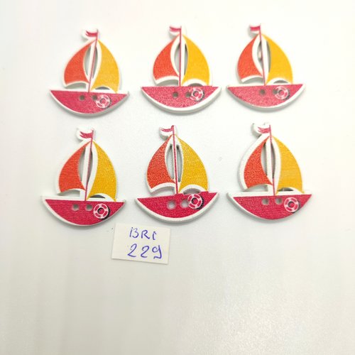 6 boutons fantaisie en bois - un bateau rouge orange et jaune - 26x30mm - bri229