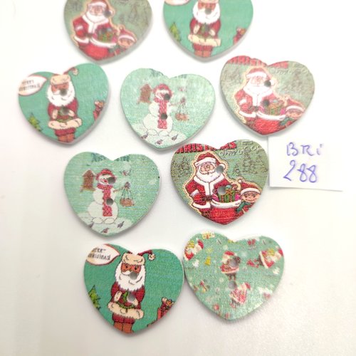 9 boutons fantaisie en bois collection de noel en forme de coeur multicolore - 25x25mm - bri288