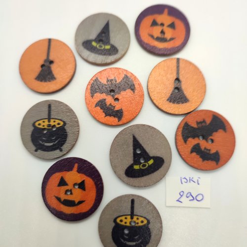 10 boutons fantaisie en bois (halloween) orange gris et noir - 25mm - bri290