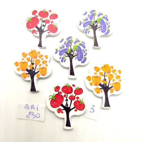 6 boutons fantaisie en bois des arbres fruit et légume muticolore - 25x30mm - bri230