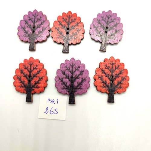 6 boutons fantaisie en bois des arbres multicolore - 24x32mm - bri265