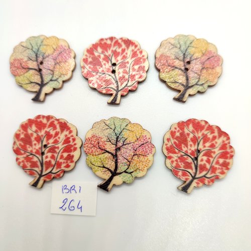 6 boutons fantaisie en bois des arbres multicolore - 30x30mm - bri264