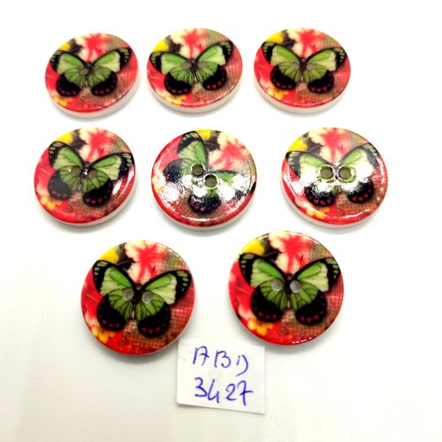 8 boutons en résine multicolore (un papillon) - 21mm - abd3427