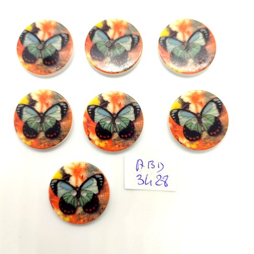 7 boutons en résine multicolore (un papillon) - 21mm - abd3428