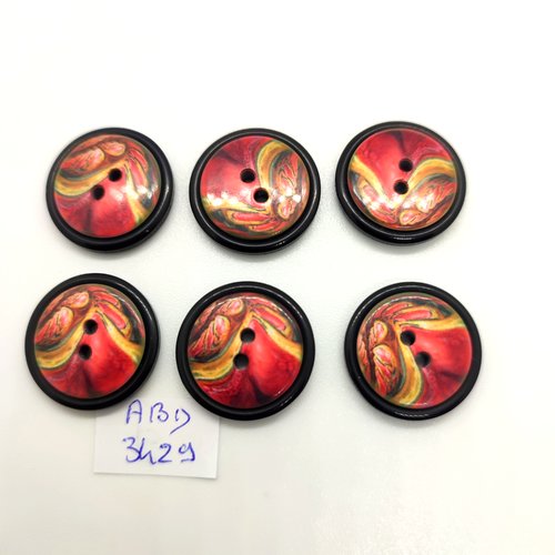 6 boutons en résine noir et multicolore - 20mm - abd3429