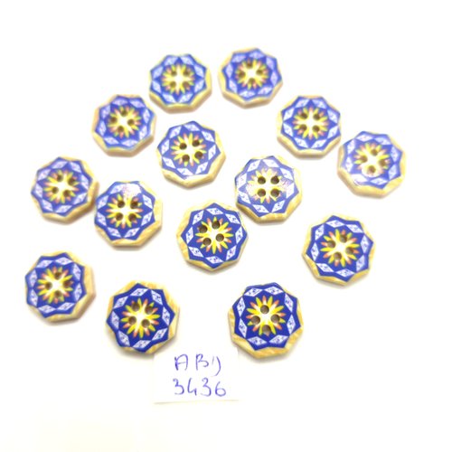 14 boutons en résine bleu et beige - 15mm - abd3436