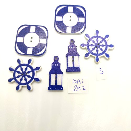 6 boutons fantaisie en bois bleu et blanc - entre 13mm et 30mm - bri292