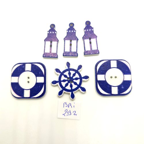 6 boutons fantaisie en bois bleu et blanc - entre 13mm et 30mm - bri292