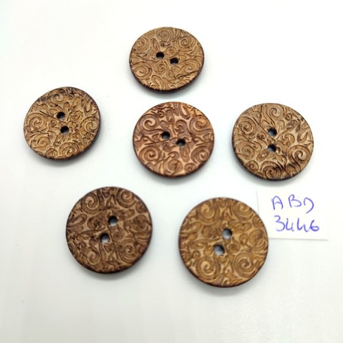 6 boutons en coco marron - 23mm - abd3446