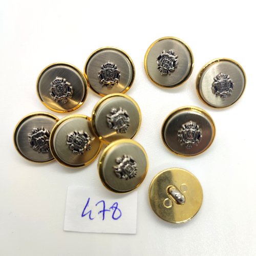 10 boutons en métal doré et argenté - 15mm - 478