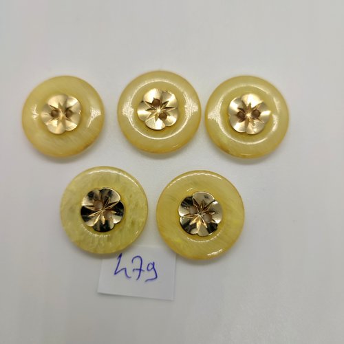 5 boutons en résine jaune et doré - 22mm - 479