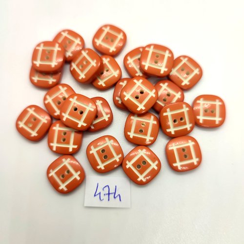 24 boutons en résine orange et blanc - 12x12mm - 474