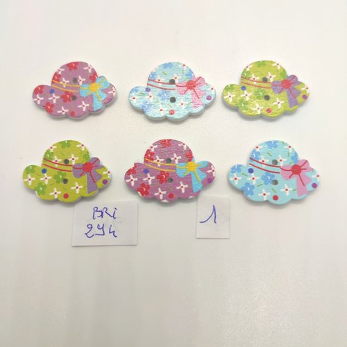 6 boutons fantaisie en bois multicolore (chapeau) - 20x28mm - bri294
