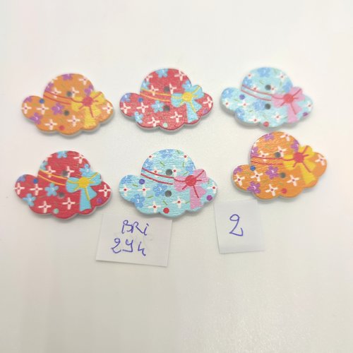 6 boutons fantaisie en bois multicolore (chapeau) - 20x28mm - bri294