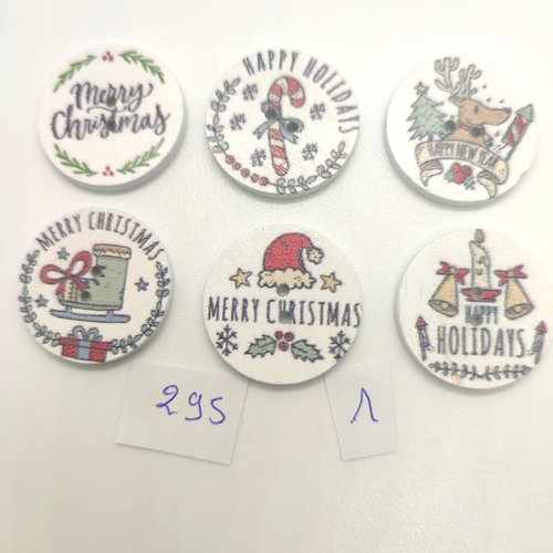 6 boutons fantaisie en bois multicolore - noel - 25mm - bri295