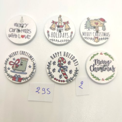 6 boutons fantaisie en bois multicolore - noel - 25mm - bri295