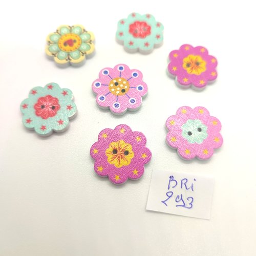 7 boutons fantaisie en bois multicolore (fleur) - 20mm - bri293