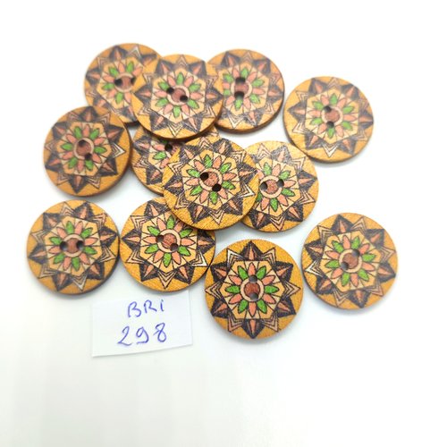 12 boutons fantaisie en bois multicolore - 20mm - bri298