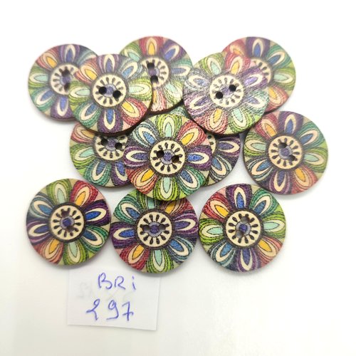 12 boutons fantaisie en bois multicolore - 20mm - bri297