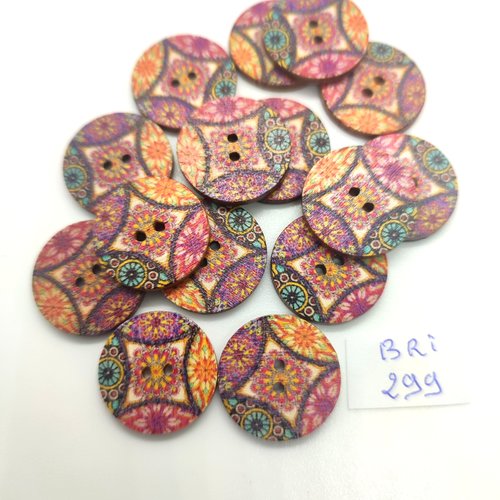 15 boutons fantaisie en bois multicolore - 20mm - bri299