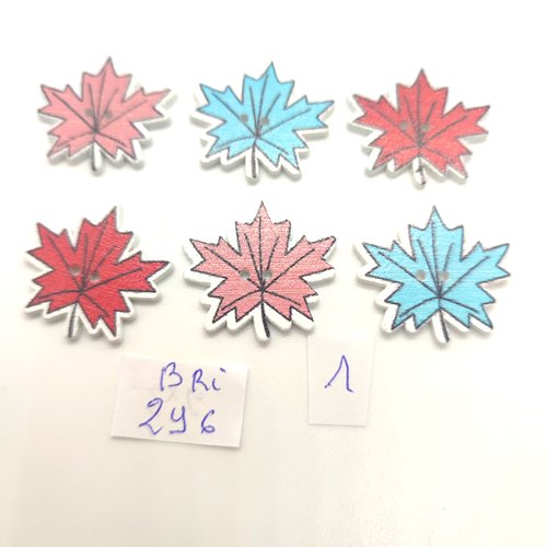 6 boutons fantaisie en bois multicolore (feuilles) - 25mm - bri296