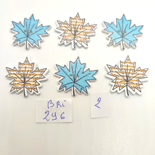 6 boutons fantaisie en bois multicolore (feuilles) - 25mm - bri296