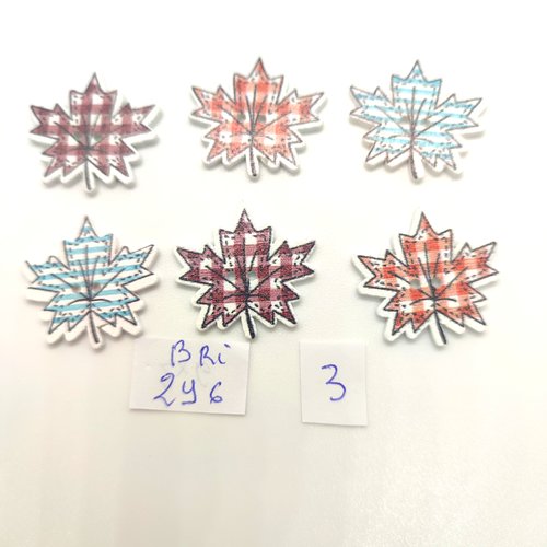6 boutons fantaisie en bois multicolore (feuilles) - 25mm - bri296